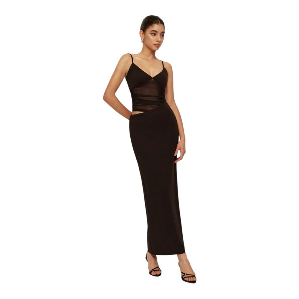 COMMENSE Semi-Sheer Low V-Neck Asymmetrical Ruched Dress COLOR - Black Size XL